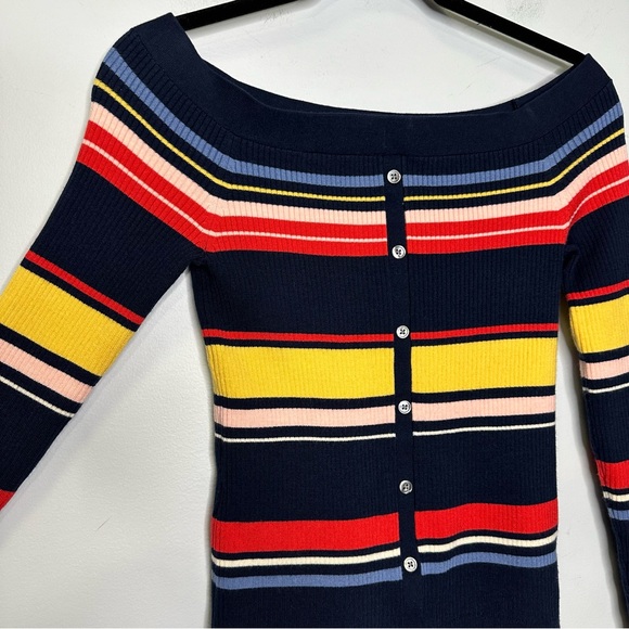 Frame Women’s Navy Multi Color Stripe Off The Shoulders Buttoned Sweater XS - Picture 7 of 12